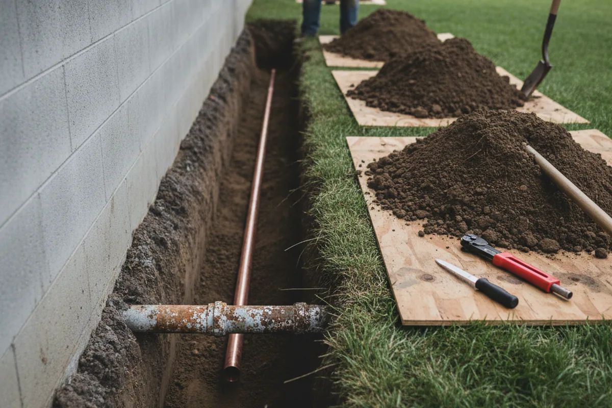 Excavated water line trench during Water Heater Repair in Howard Beach